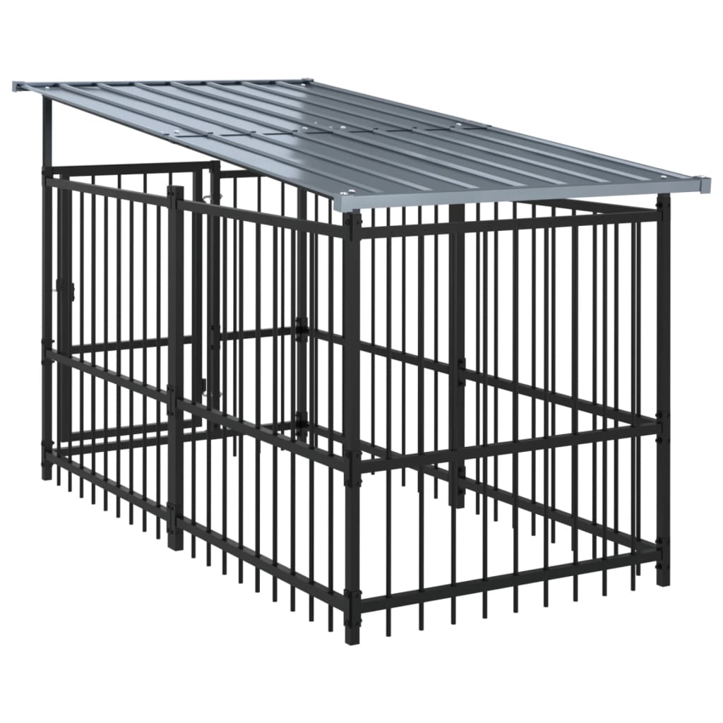 Chenil d’extérieur en acier noir avec toit pour chien – Panneaux à barreaux – 100x200x130 – 2m²