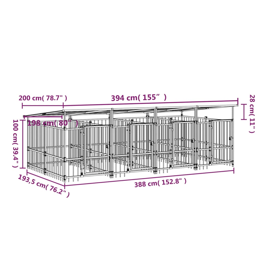 Chenil d’extérieur en acier noir avec toit pour chien - 4 chenils individuels modulables – Panneaux à barreaux – 395x200x130 – 7m²