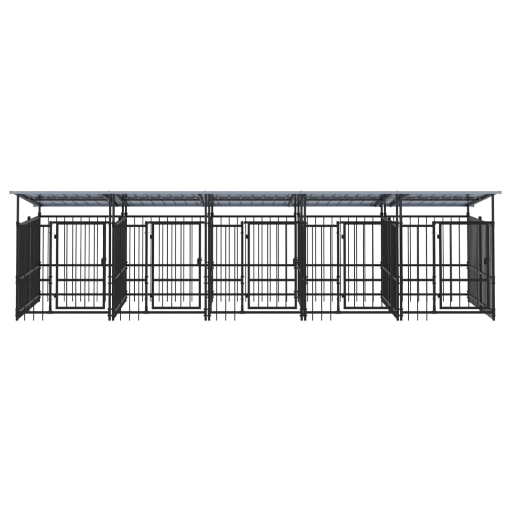 Chenil d’extérieur en acier noir avec toit pour chien - 5 chenils individuels modulables – Panneaux à barreaux – 490x200x130 cm – 9m²