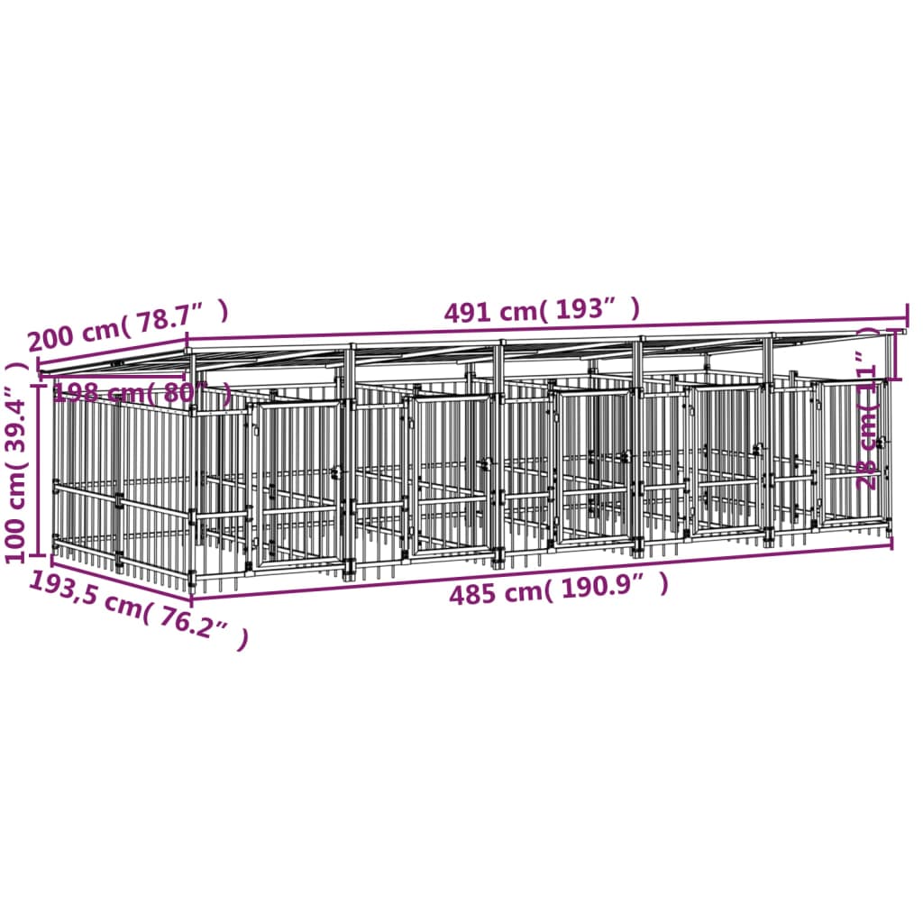 Chenil d’extérieur en acier noir avec toit pour chien - 5 chenils individuels modulables – Panneaux à barreaux – 490x200x130 cm – 9m²