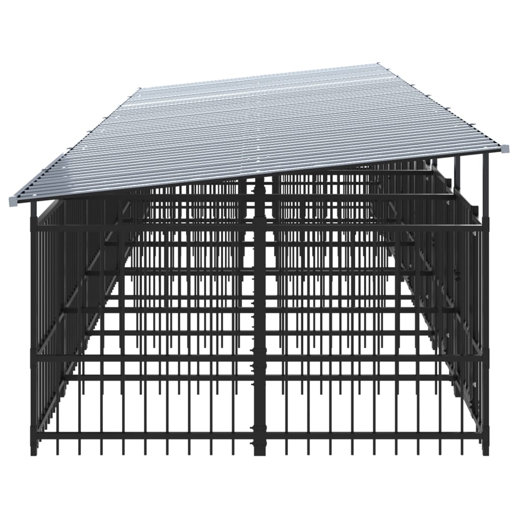 Chenil d’extérieur en acier noir avec toit pour chien - 7 chenils individuels modulables – Panneaux à barreaux – 780x200x130 cm – 13m²