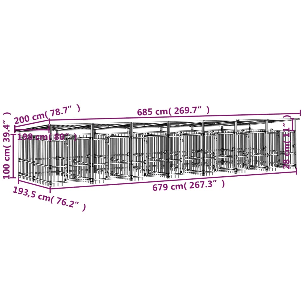 Chenil d’extérieur en acier noir avec toit pour chien - 7 chenils individuels modulables – Panneaux à barreaux – 780x200x130 cm – 13m²