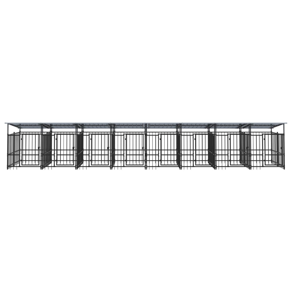 Chenil d’extérieur en acier noir avec toit pour chien - 8 chenils individuels modulables – Panneaux à barreaux – 780x200x130 cm – 15m²