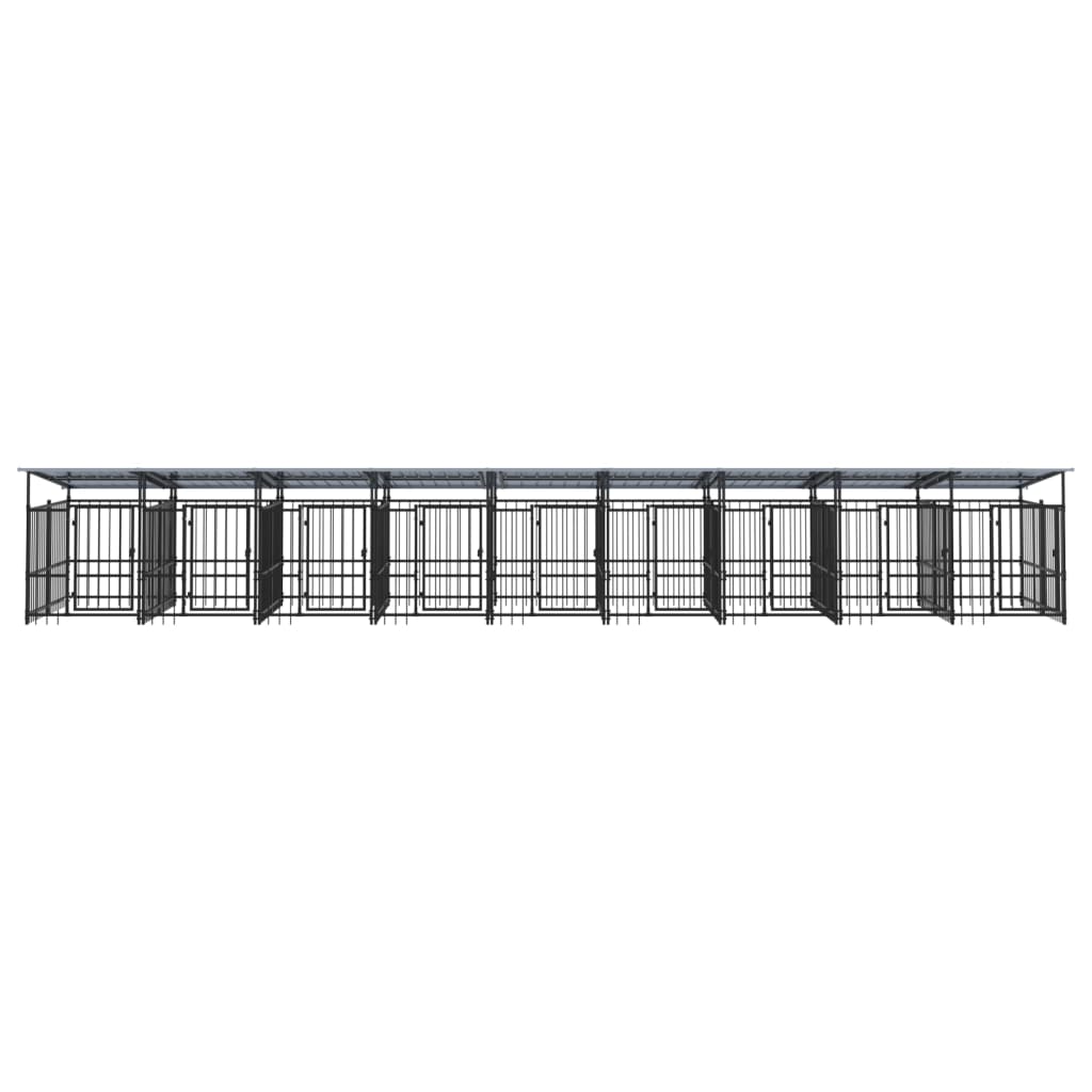 Chenil d’extérieur en acier noir avec toit pour chien - 9 chenils individuels modulables – Panneaux à barreaux – 880x200x130 cm – 17m²