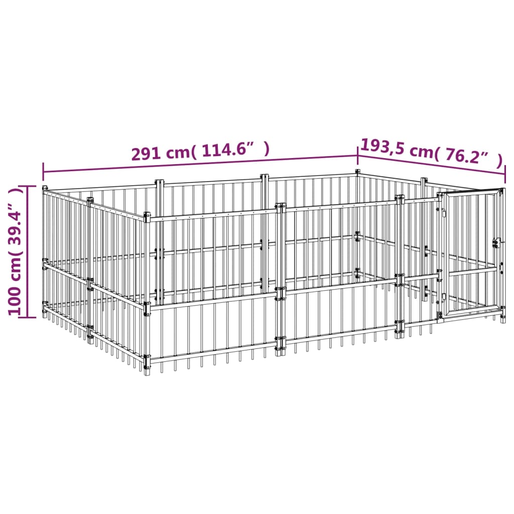 Chenil d'extérieur en acier noir pour chien - Panneaux à barreaux - 291 x 193,5 x 100 cm - 6 m²