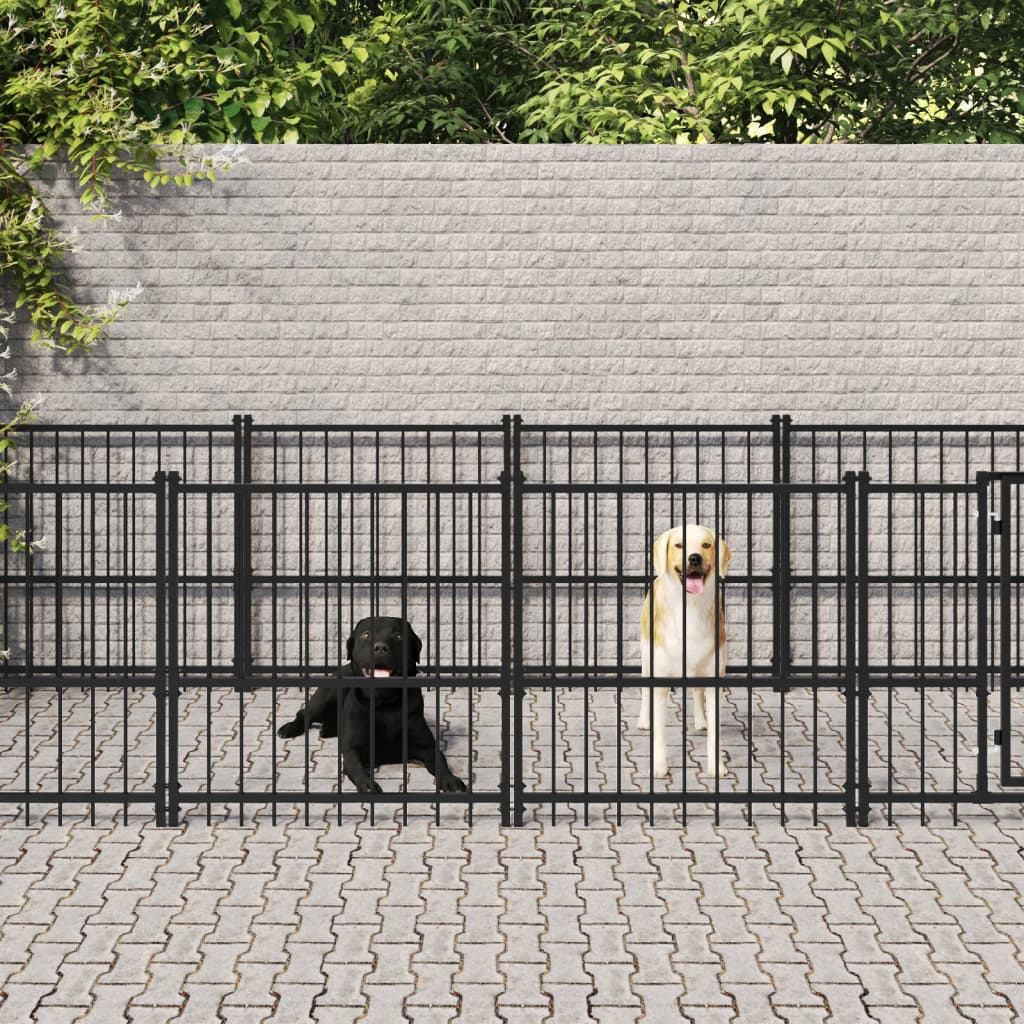 Chenil d'extérieur en acier noir pour chien - Panneaux à barreaux - 388 x 193,5 x 100 cm - 7 m²
