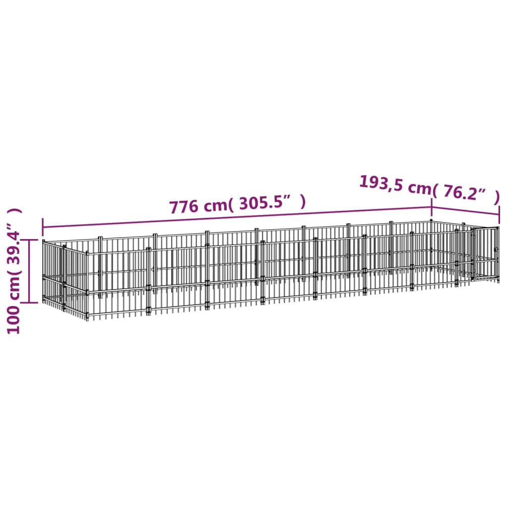 Chenil d'extérieur en acier noir pour chien - Panneaux à barreaux - 776 x 193,5 x 100 cm - 15 m²