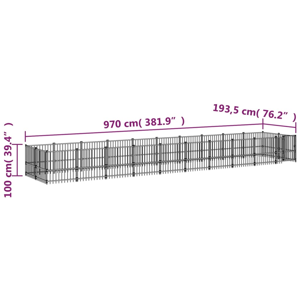 Chenil d'extérieur en acier noir pour chien - Panneaux à barreaux - 970 x 193,5 x 100 cm - 19 m²