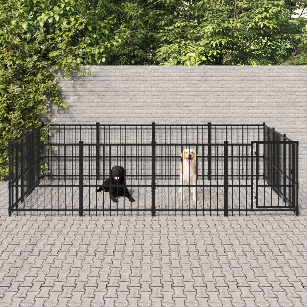Chenil d'extérieur en acier noir pour chien - Panneaux à barreaux - 388 x 291 x 100 cm - 12 m²