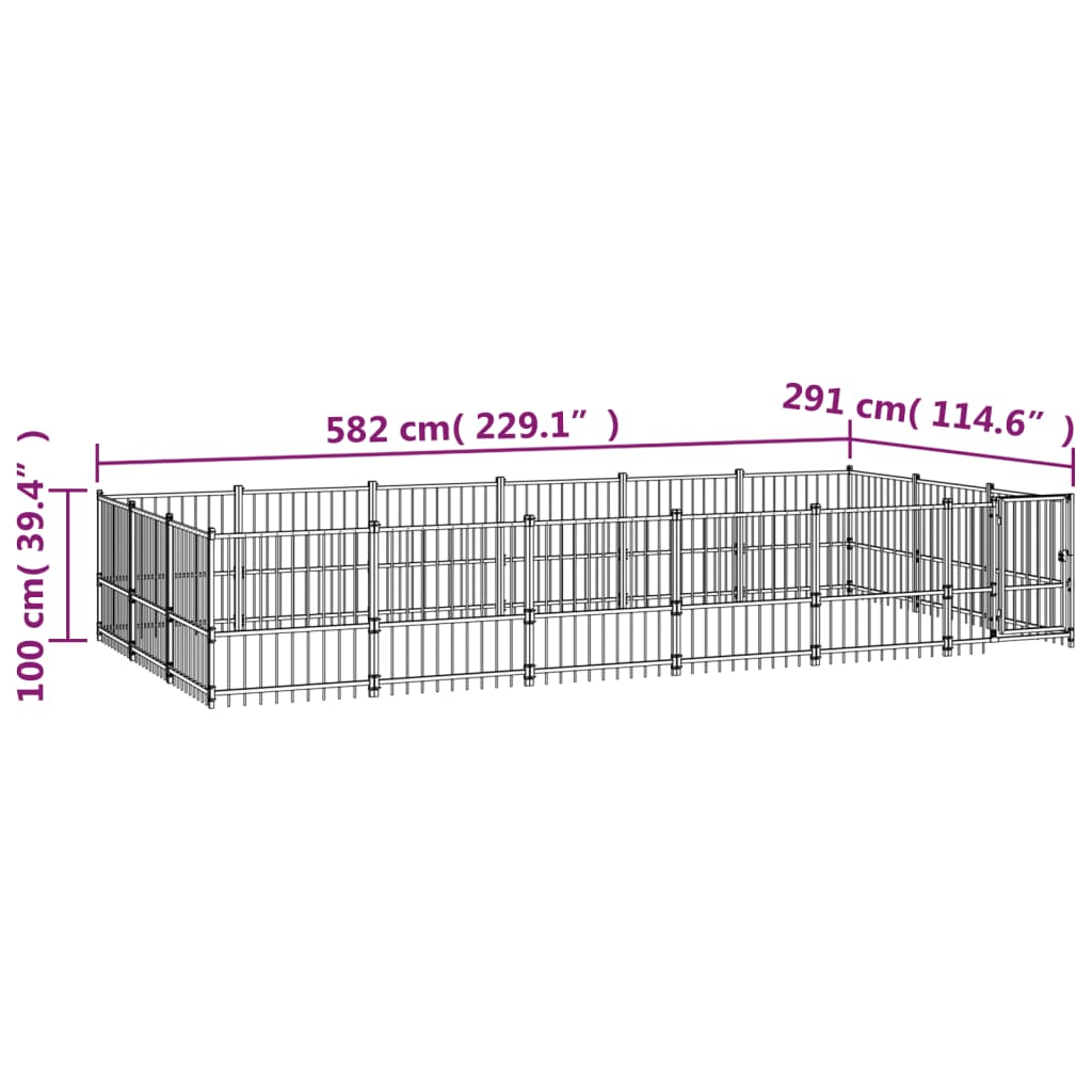 Chenil d'extérieur en acier noir pour chien - Panneaux à barreaux - 582 x 291 x 100 cm - 17 m²