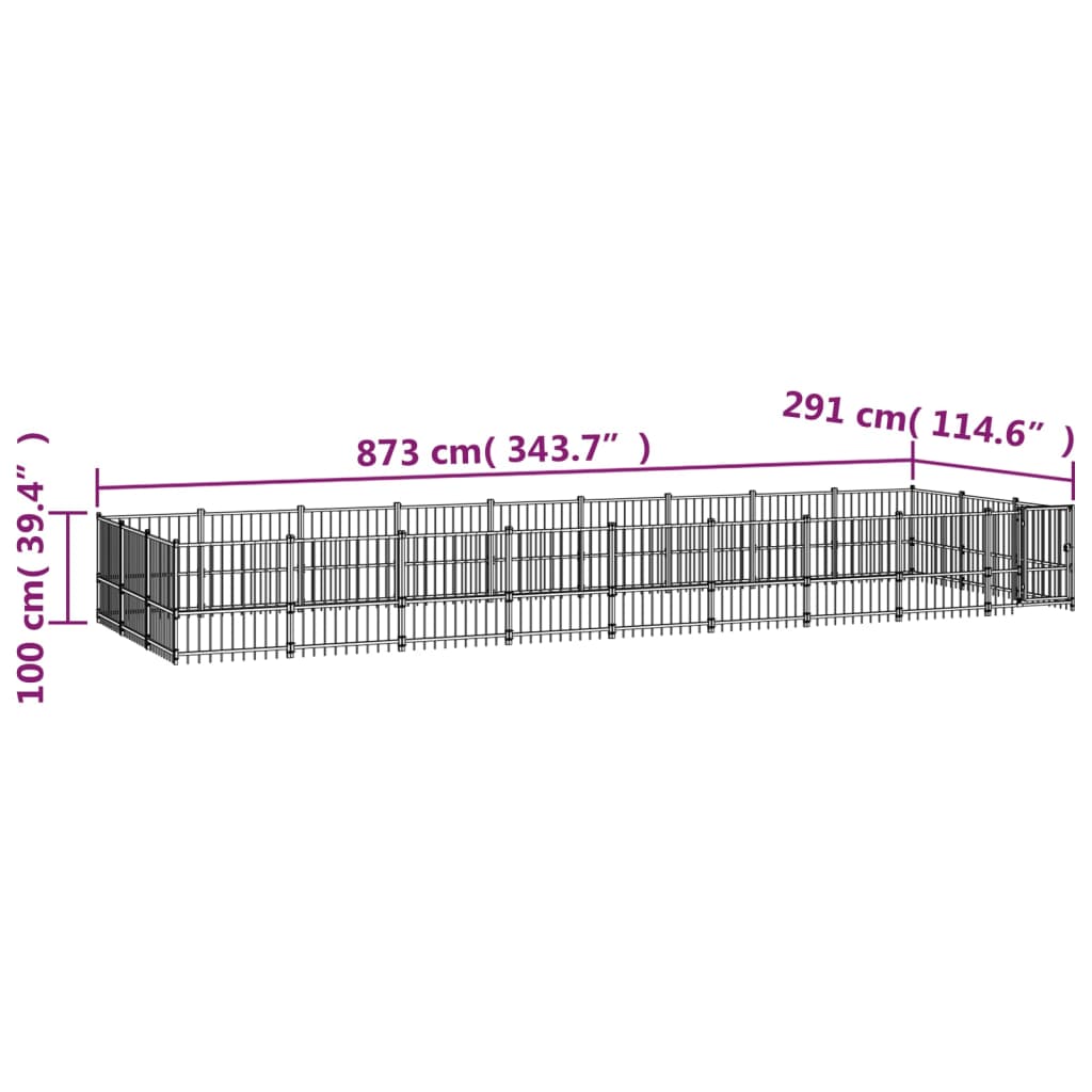 Chenil d'extérieur en acier noir pour chien - Panneaux à barreaux - 873 x 291 x 100 cm - 25 m²