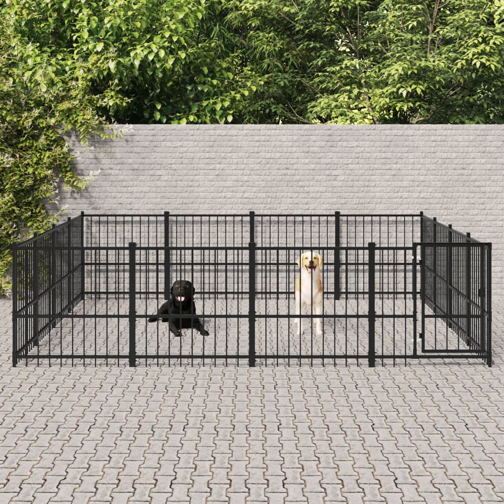 Chenil d'extérieur en acier noir pour chien - Panneaux à barreaux - 388 x 388 x 100 cm - 15 m²