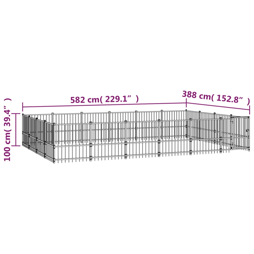 Chenil d'extérieur en acier noir pour chien - Panneaux à barreaux - 582 x 388 x 100 cm - 23 m²