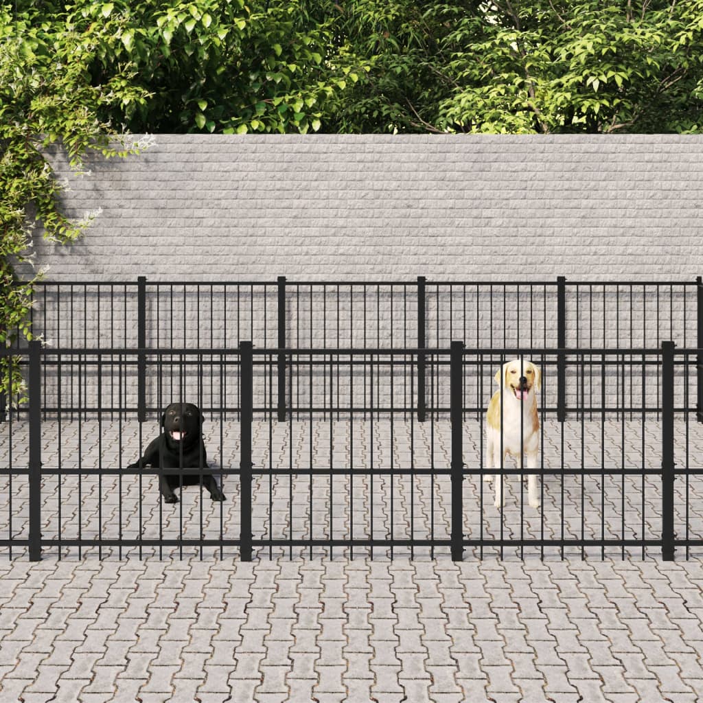 Chenil d'extérieur en acier noir pour chien - Panneaux à barreaux - 970 x 388 x 100 cm - 38 m²