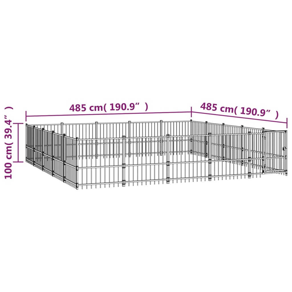 Chenil d'extérieur en acier noir pour chien - Panneaux à barreaux - 485 x 485 x 100 cm - 24 m²
