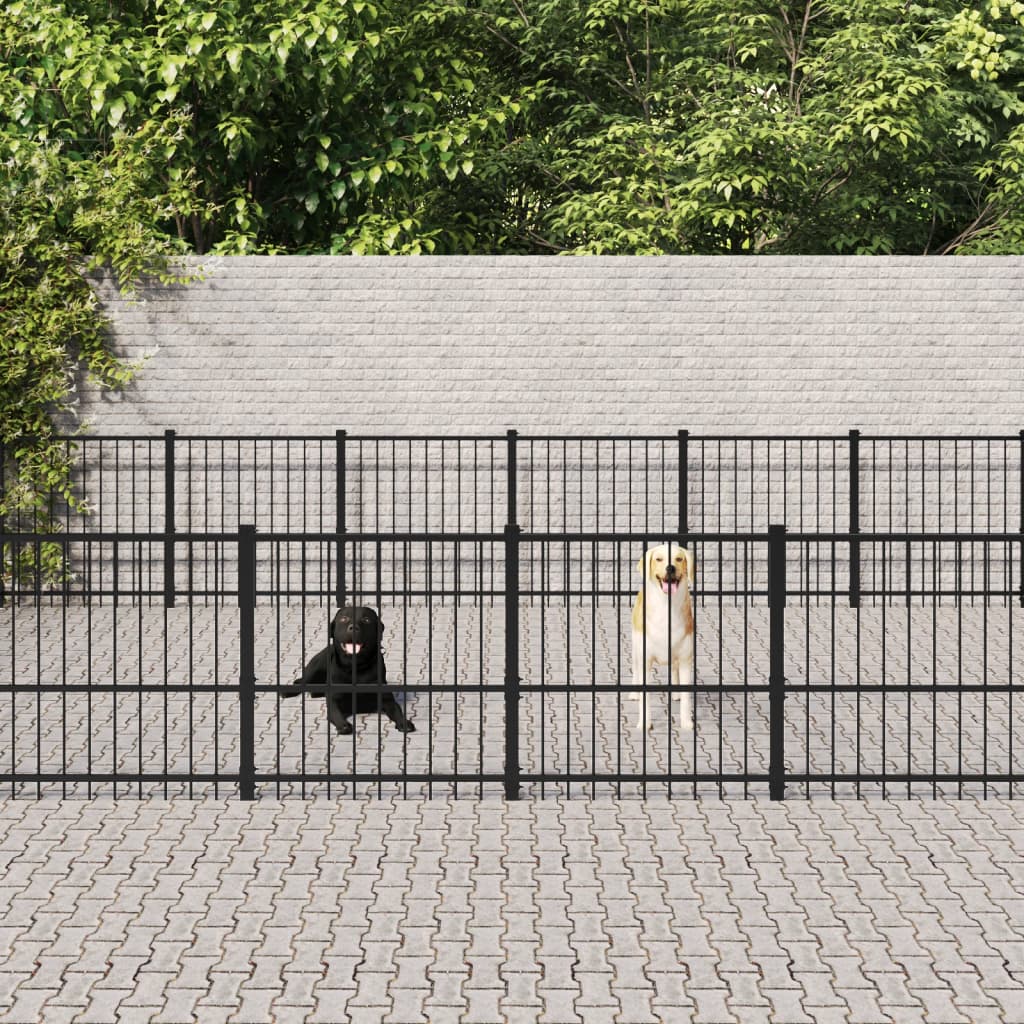 Chenil d'extérieur en acier noir pour chien - Panneaux à barreaux - 679 x 485 x 100 cm - 33 m²