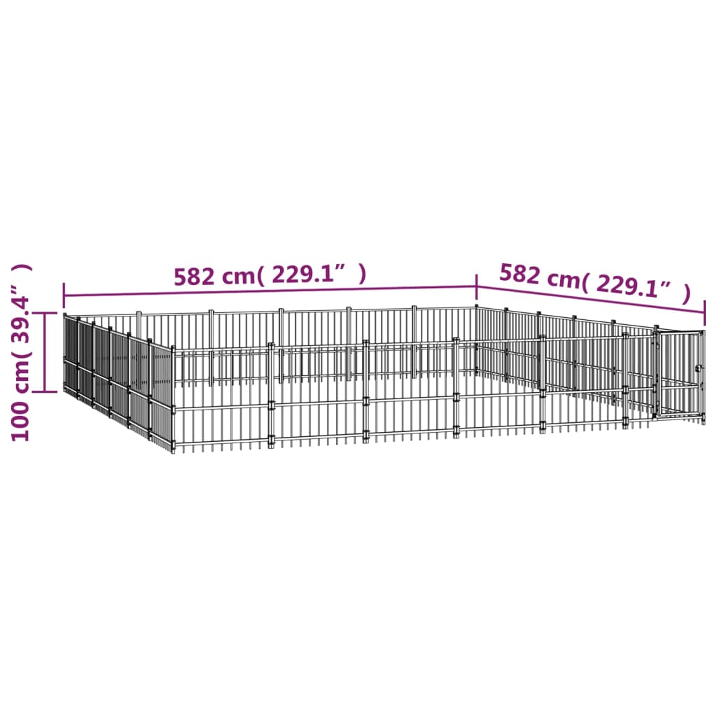 Chenil d'extérieur en acier noir pour chien - Panneaux à barreaux - 582 x 582 x 100 cm - 34 m²