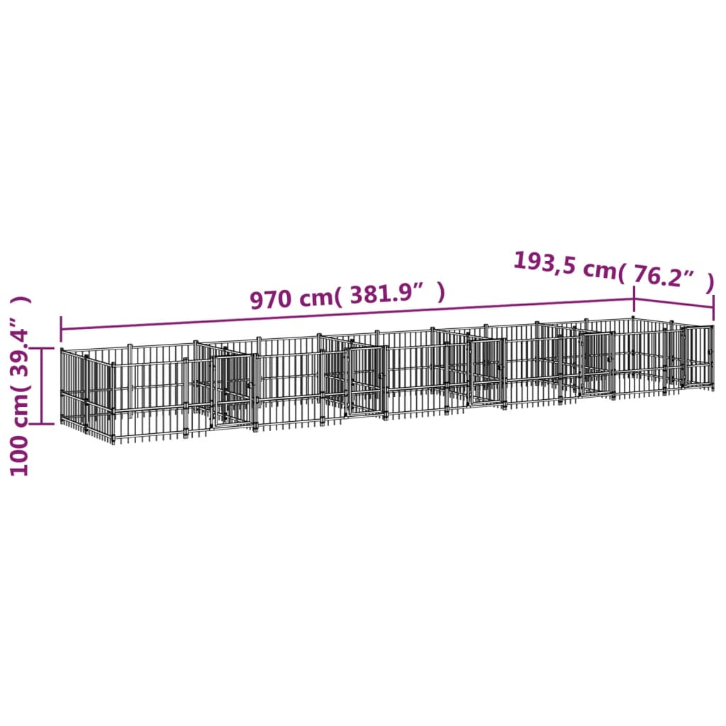Chenil d’extérieur en acier noir pour chien - 5 chenils individuels modulables – Panneaux à barreaux – 970 x 193,5 x 100 cm – 19 m²
