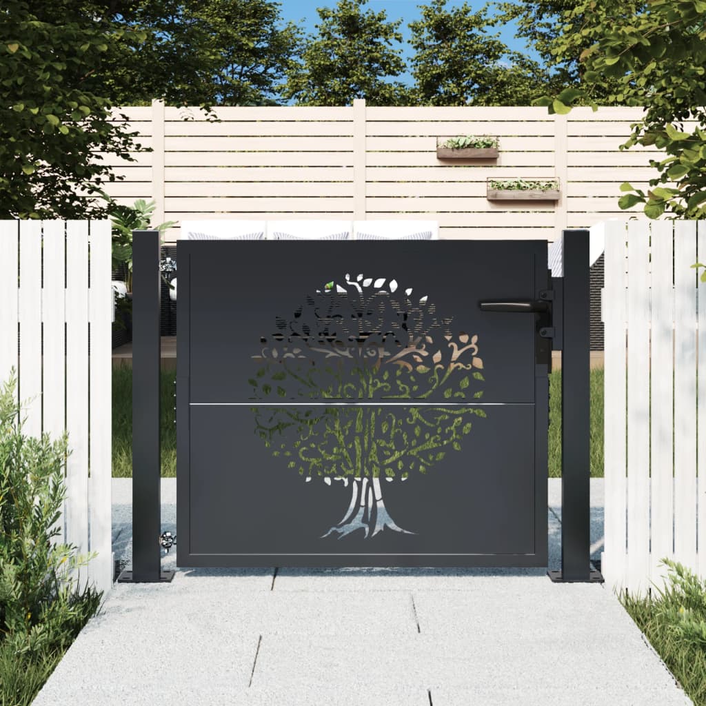 vidaXL Poartă pentru grădină, antracit, 105x80 cm, oțel, design copac