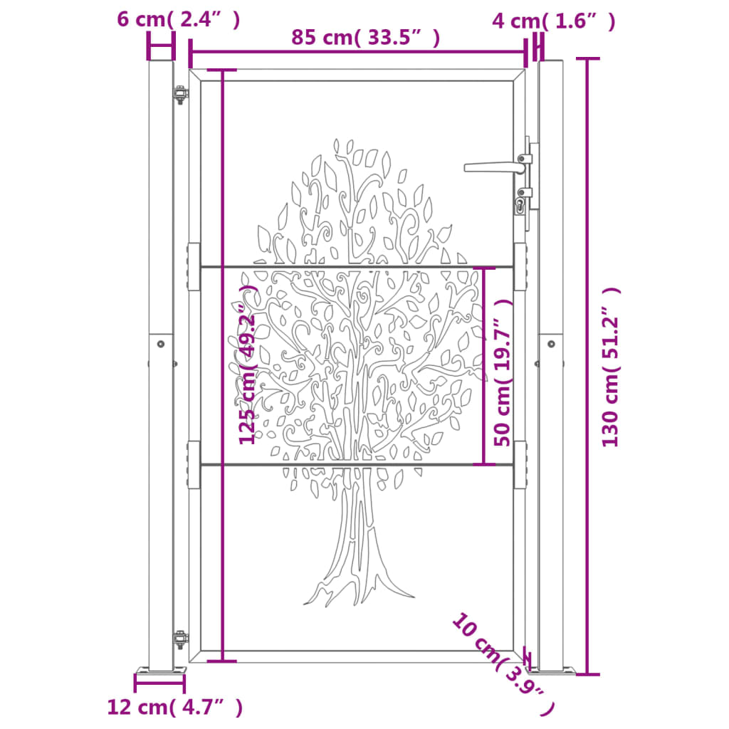 Poartă pentru grădină, antracit, 105x130 cm, oțel, design copac