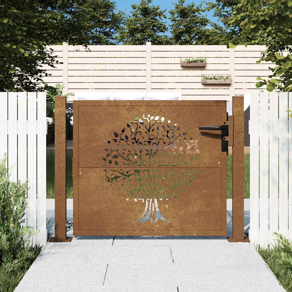 vidaXL Poartă de grădină 100x100 cm, oțel corten, design copac
