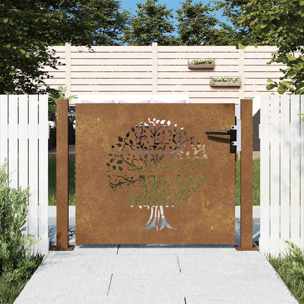 vidaXL Poartă de grădină 105x80 cm, oțel Corten, model copac