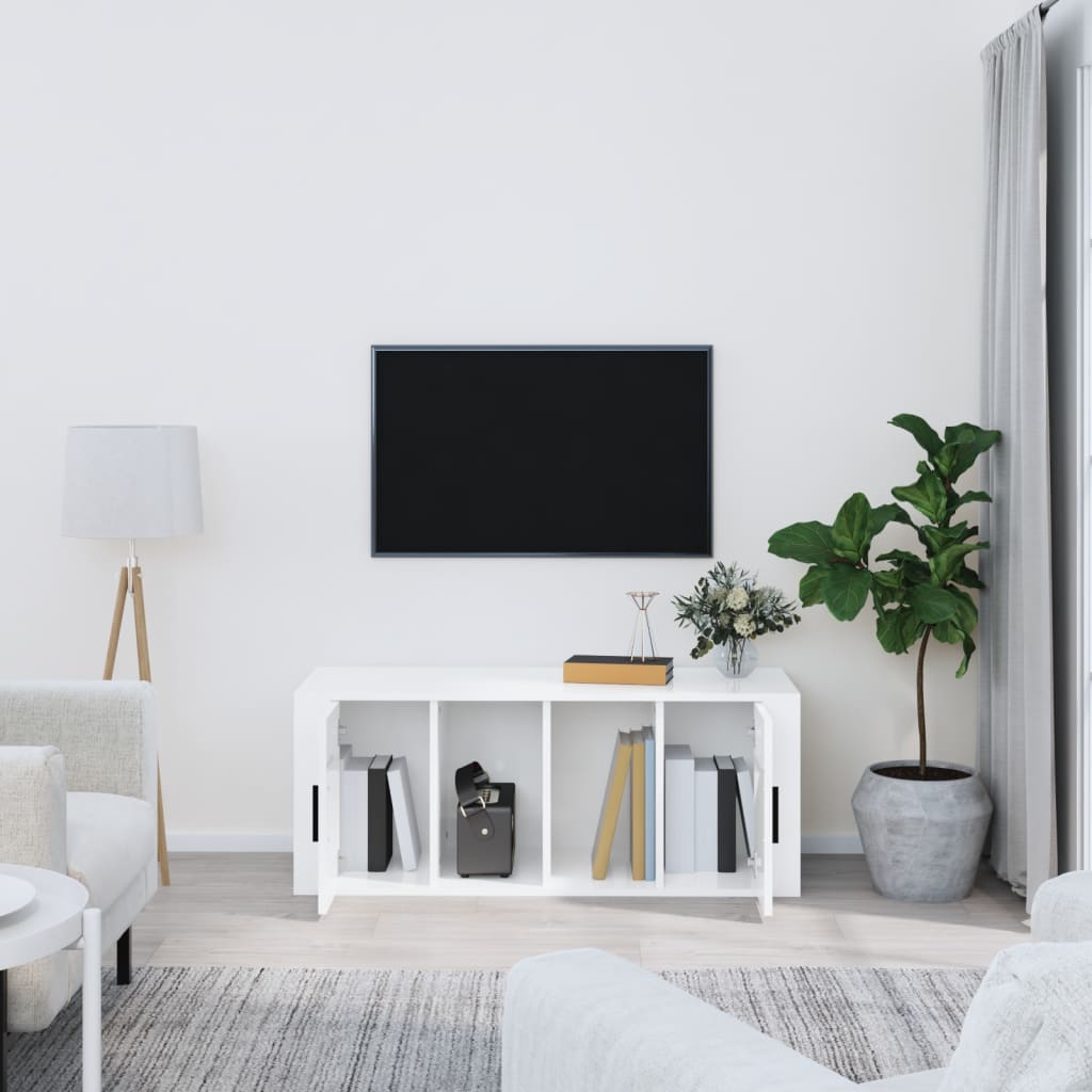 Fehér magasfényű szerelt fa TV-szekrény 100x35x40 cm 