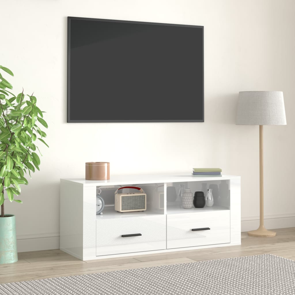 Meuble TV Blanc brillant 100x35x40 cm Bois d’ingénierie | meublestv.fr 2