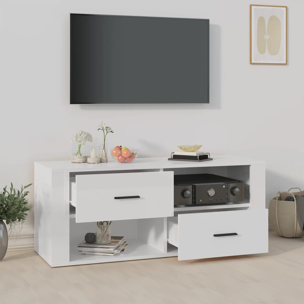 Meuble TV Blanc brillant 100x35x40 cm Bois d’ingénierie | meublestv.fr 4
