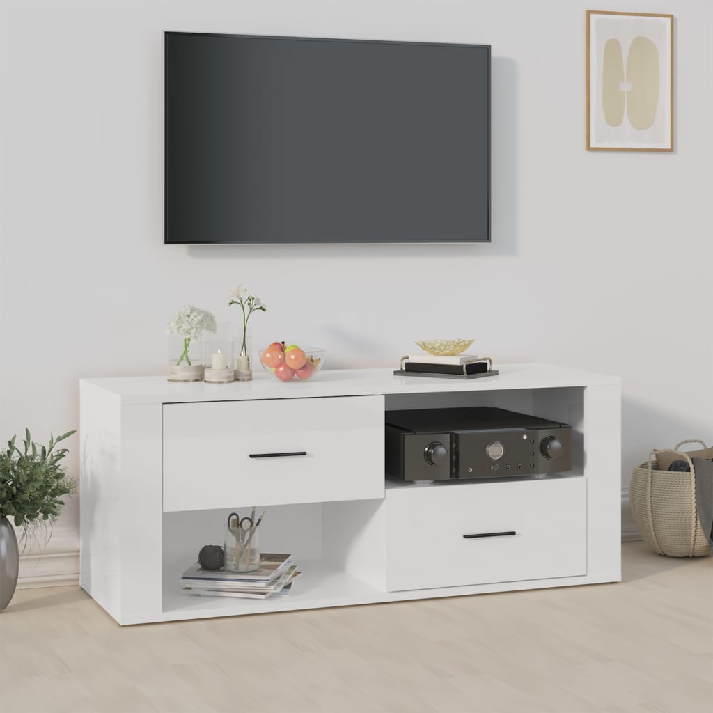vidaXL Comodă TV, alb extralucios, 100x35x40 cm, lemn prelucrat