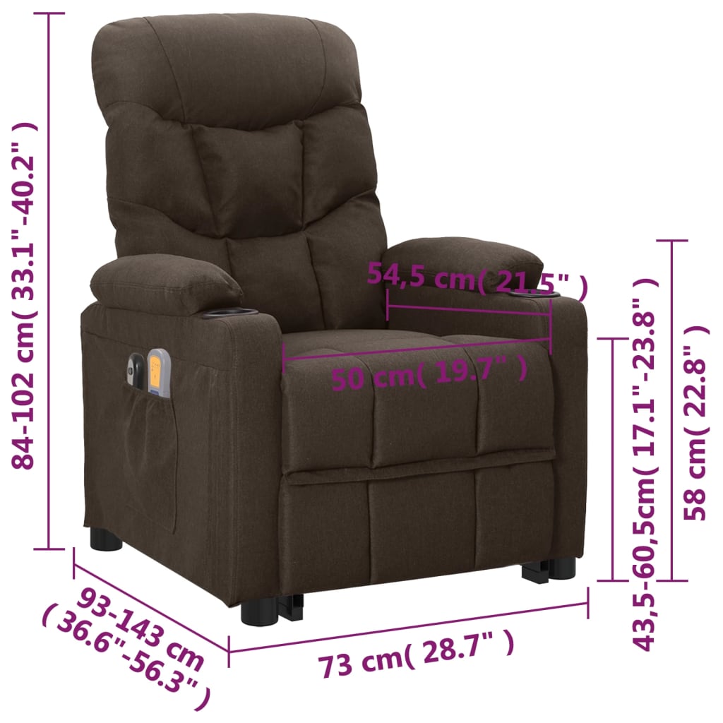 sötétbarna szövet felállást segítő masszázsfotel