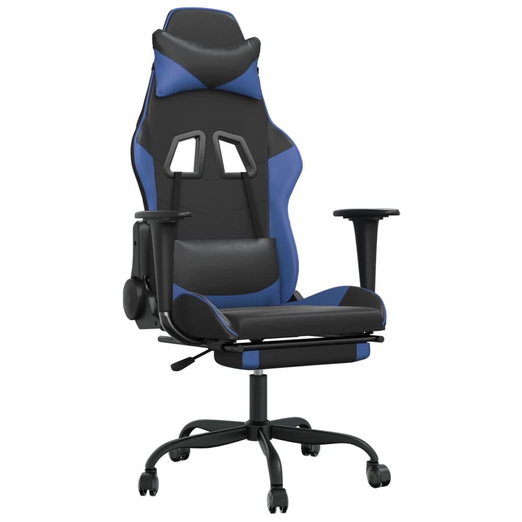 Scaun de gaming cu suport picioare, negru/albastru, piele eco