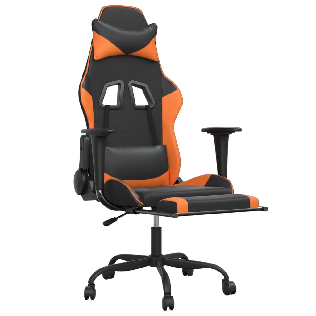 Scaun de gaming cu suport picioare, negru/oranj, piele eco