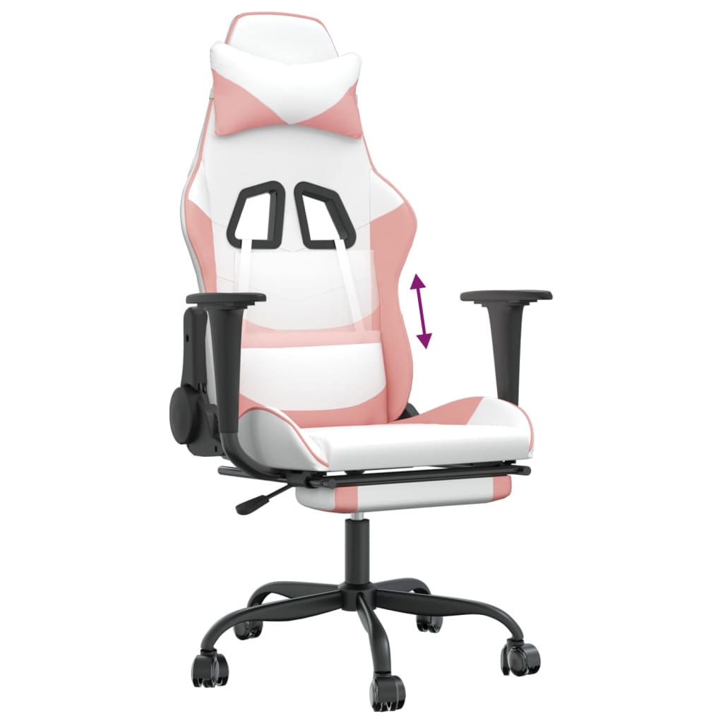 Scaun de gaming cu suport picioare, alb/roz, piele ecologică