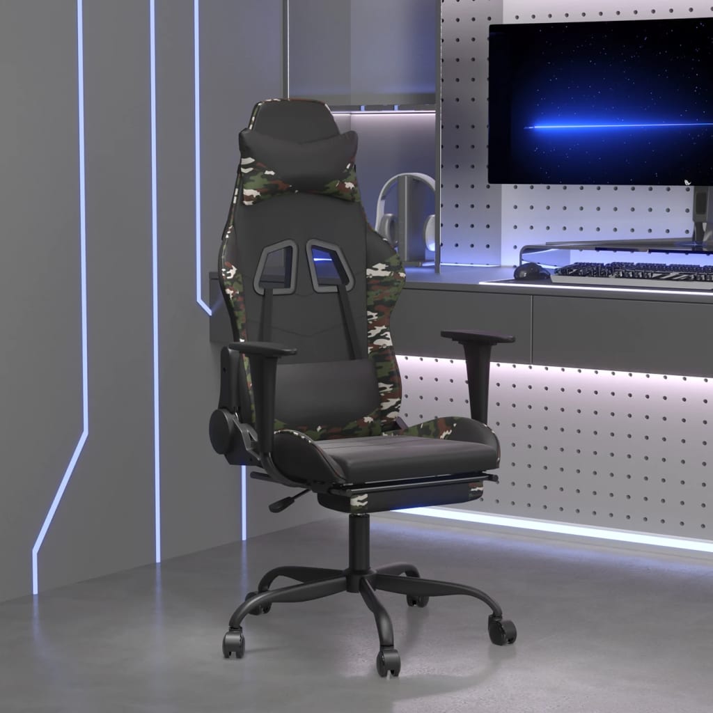 Igraća gaming stolica s osloncem za noge crno-maskirna od umjetne kože