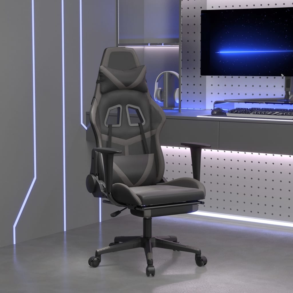 vidaXL Scaun de gaming cu suport picioare, negru/gri, piele ecologică