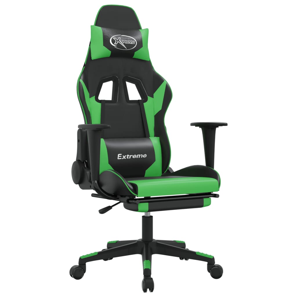 Scaun de gaming cu suport picioare negru/verde, piele ecologică