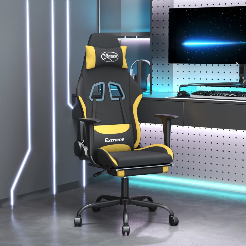 Herní židle s podnožkou černá a žlutá textil