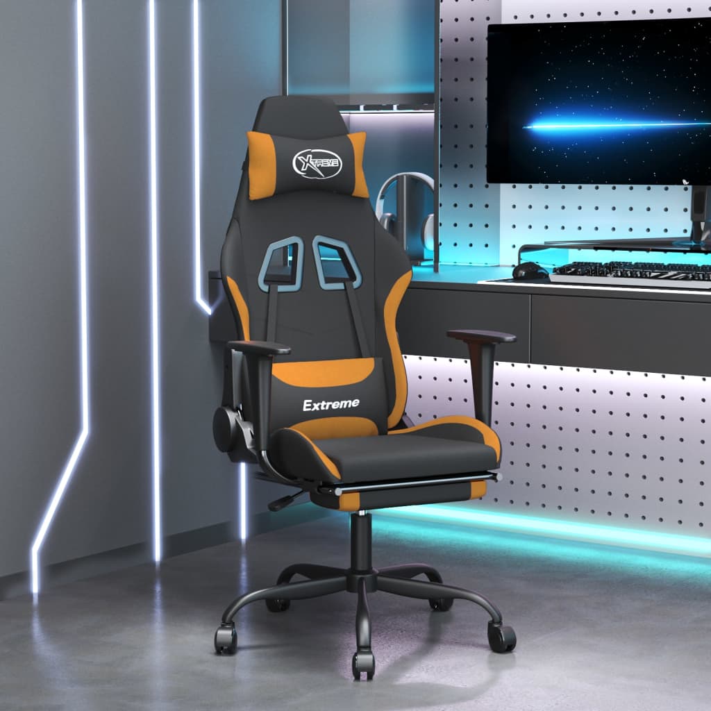 datorspēļu krēsls ar kāju balstu, melns un oranžs audums | Stepinfit.lv