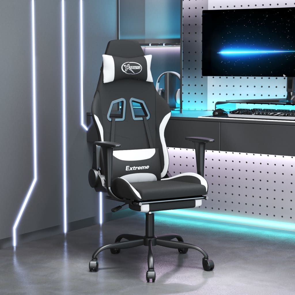 vidaXL Scaun de gaming cu suport picioare, negru și alb, textil