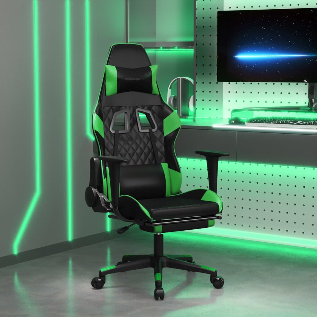 Scaun de gaming cu suport picioare negru/verde, piele ecologică