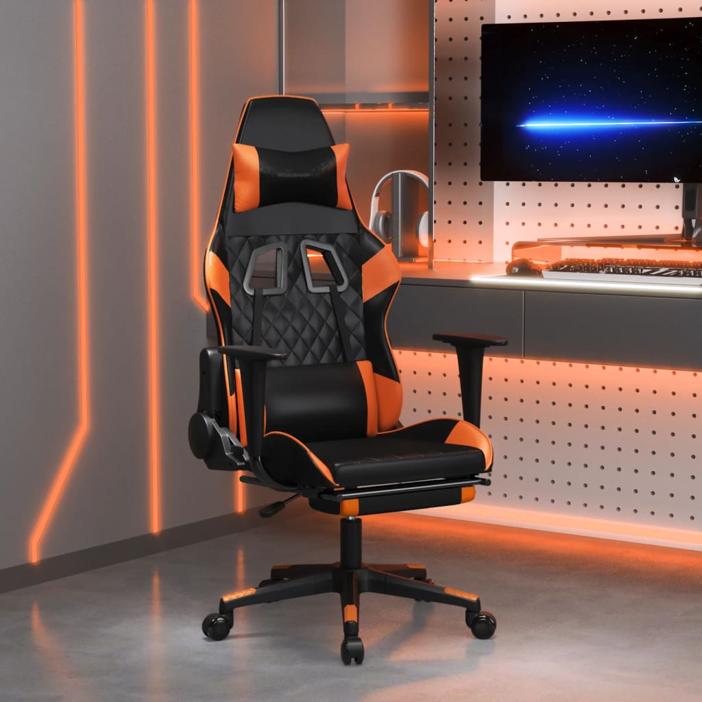 Scaun de gaming cu suport picioare, negru/oranj, piele eco