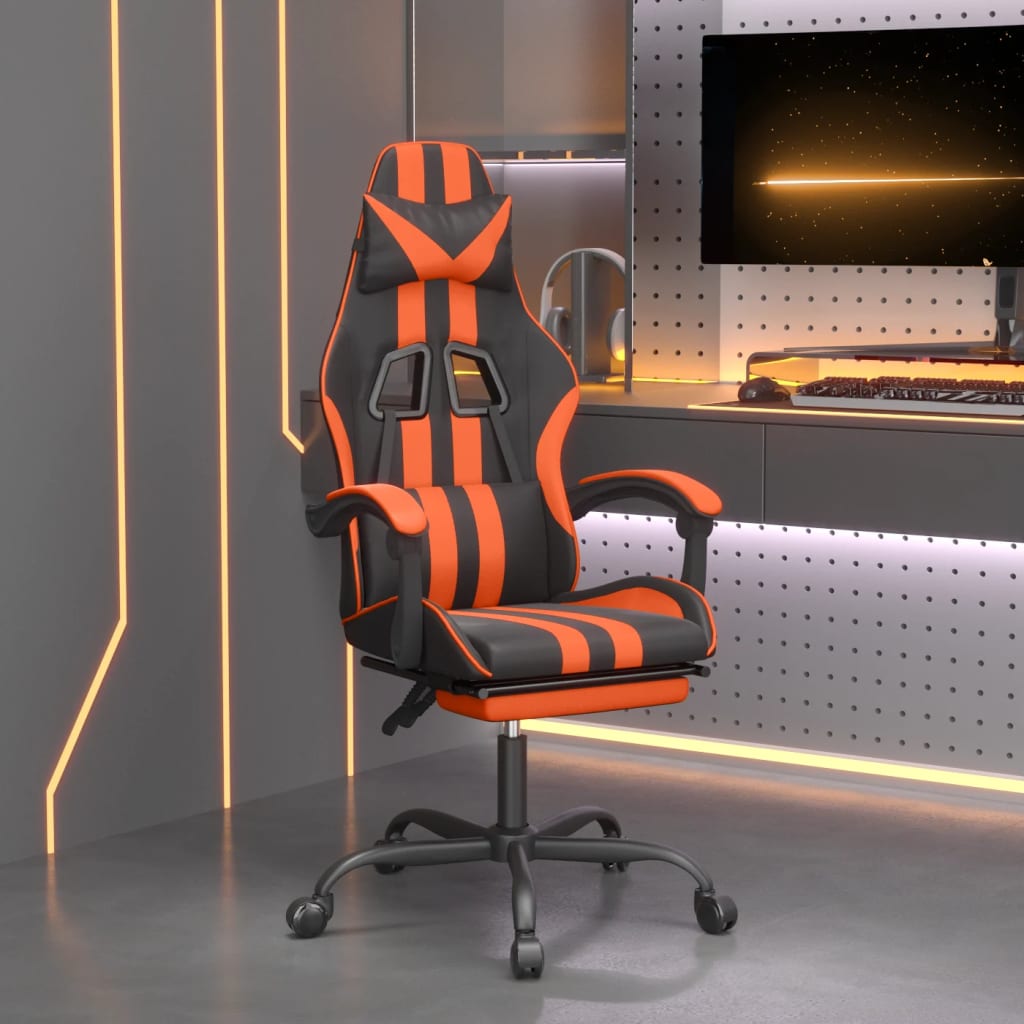 vidaXL Scaun de gaming cu suport picioare, negru/oranj, piele eco