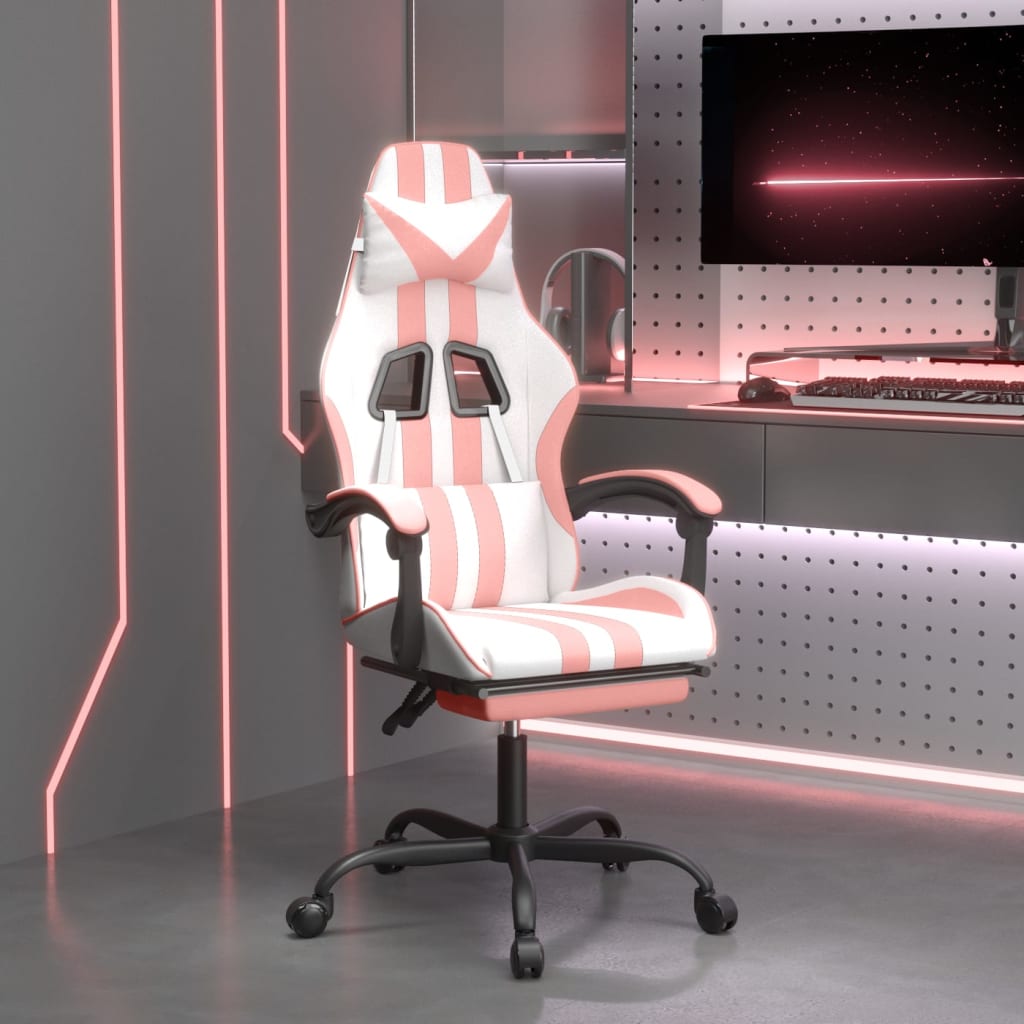 vidaXL Cadeira gaming com apoio p/ pés couro artificial branco e rosa