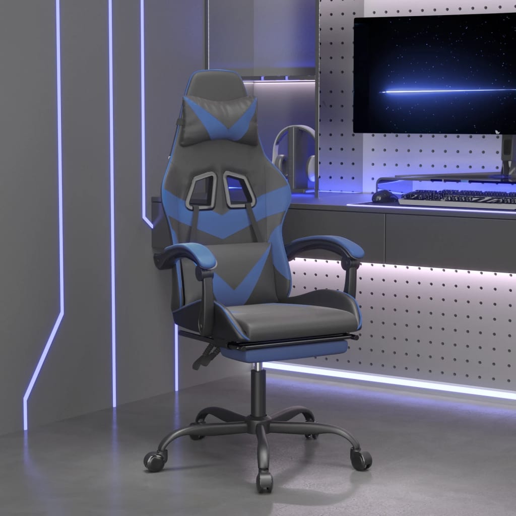 Gaming-Stuhl mit Fußstütze Schwarz und Blau Kunstleder-1