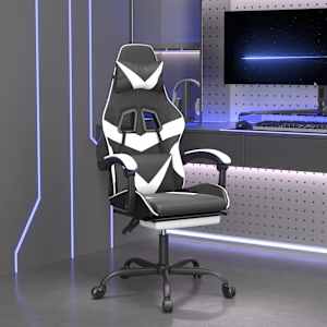 Gaming stol z oporo za noge črno in belo umetno usnje