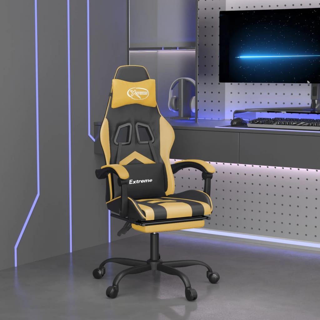 vidaXL Scaun de gaming cu suport picioare negru/auriu, piele ecologică