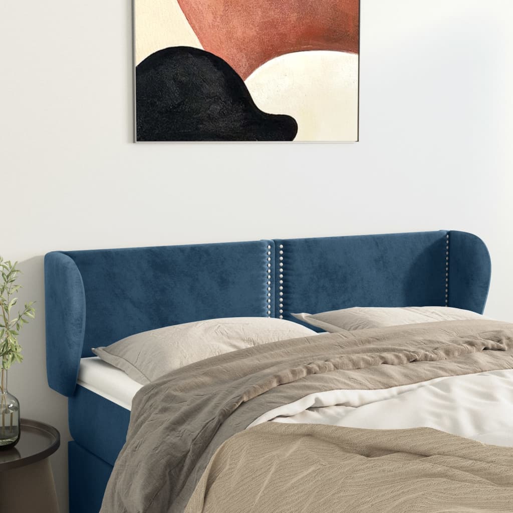 Tăblie pat cu aripioare albastru închis 147x23x78/88 cm catifea