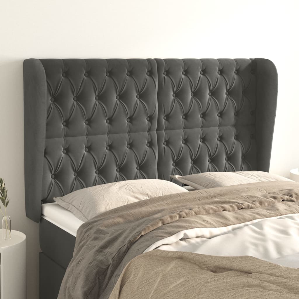 vidaXL Kopfteil mit Ohren Dunkelgrau 163x23x118/128 cm Samt