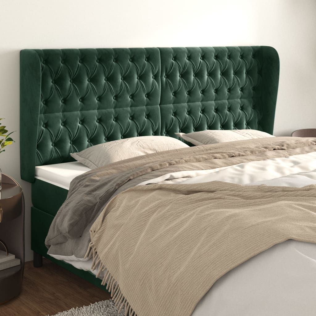 vidaXL Cabeceira cama c/ abas veludo 183x23x118/128 cm verde-escuro